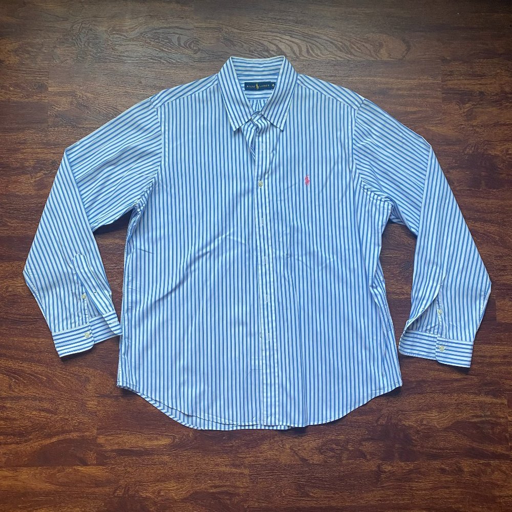 Ralph Lauren Nautical blue and white striped long sleeve button down shirt